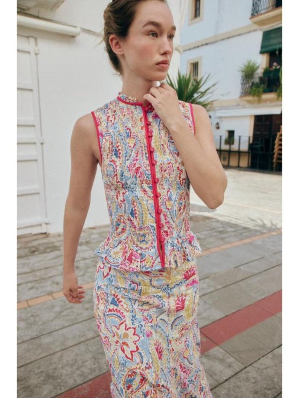 ZARA PRINTED EMBROIDERED EYELET TOP